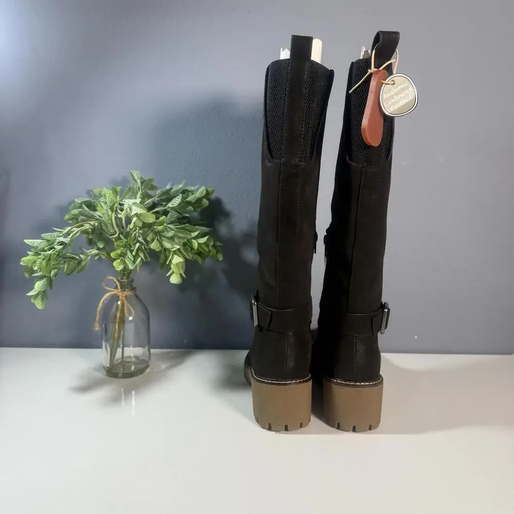 MIA Women's Black Knee-High Buckle Boots‎ with Lug Sole Size 6